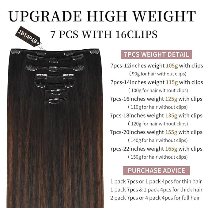 20 Inch Clip-in Hair Extensions Remy Human Hair for Women - Soft Handmade Real Human Hair Clip in Extensions, Straight, Thick, 155g 7pcs #(1BT4) P1B Color