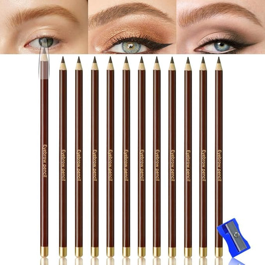 12Pcs Long Eyebrow Pencils Set, Coffee Natural Look,for Eyebrows & Eyeliner,Waterproof & Sweat-Proof Wooden Hard-Core Brow Pencil with Sharpener,Long Lasting Makeup Kit for Beginners104#