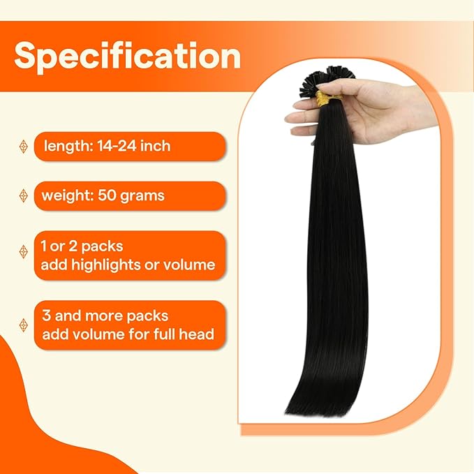 Full Shine K Tip Hair Extensions Real Human Hair Jet Black Pre Bonded Hair Extensions 22 Inch Natural Long Human Hair 50 Grams Keratin Fusion Extensions Remy Hair