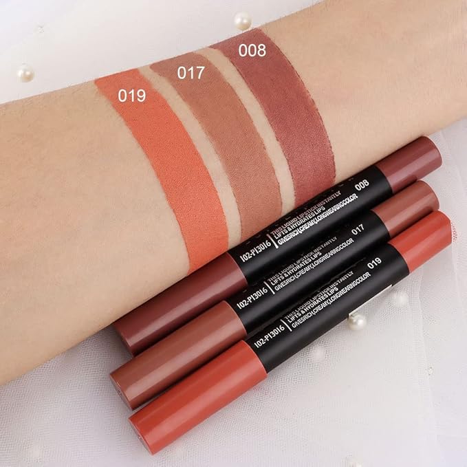Generic Deep Dark Red Matte Lipstick and Lip Crayon Liner Pencil Pen Set for Women Lip Stain Long Lasting Waterproof labiales (3, 08&17&19)