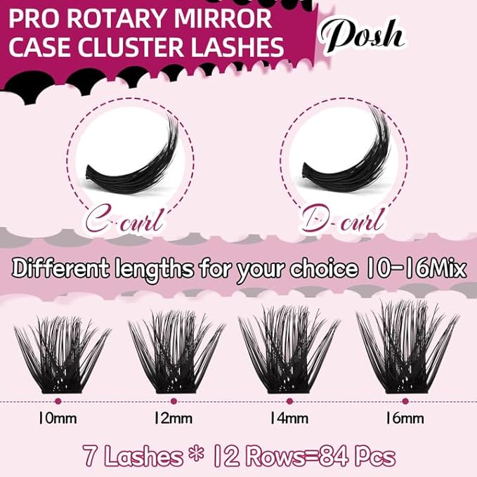 PRO Lash Clusters, 84Pcs Cluster Lashes Rotary Mirror Case Individual Lashes DIY Lash Extension Eyelash Clusters 10-16 Mix Fluffy Wispy Lashes Thin Band Not Fall Apart(Posh, C-10-16mix)