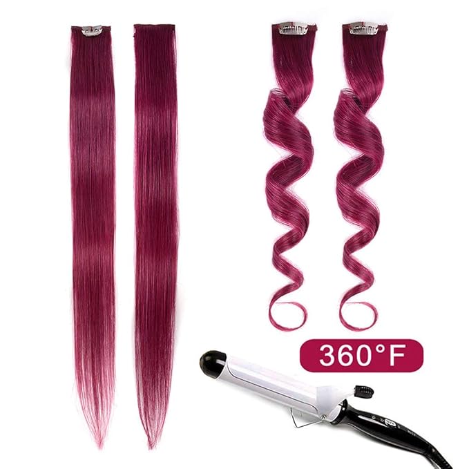 Winsky Burgundy Clip in Colored Hair Extensions 100% Real Human Hair - Straight Highlights Colored Clip on Christmas Hairpieces 5 Pieces/Set (18inch, Burgundy)