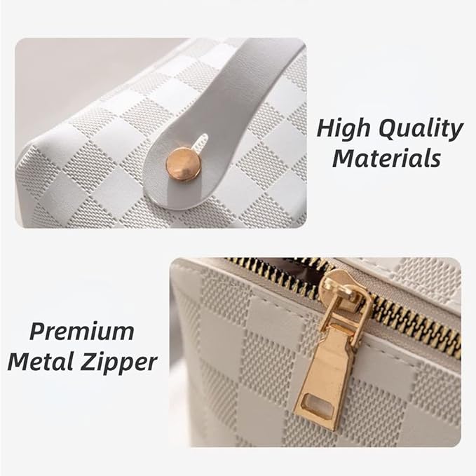 Large Capacity Checkered Makeup Bag Portable Travel Cosmetic Bags Open-Flat Toiletry Bag for Women Girls Make Up Organizer with Divider Pouch Zipper Bag (black-checkered)
