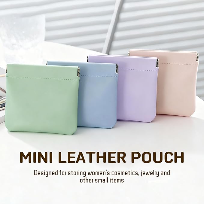 4Pcs Personalized Snap Closure Leather Organizer Pouch, Lambskin Pocket Cosmetic Bag, Portable Self-Closing Small Makeup Bag for Purse Women Mini Travel Coin Storage Pouches