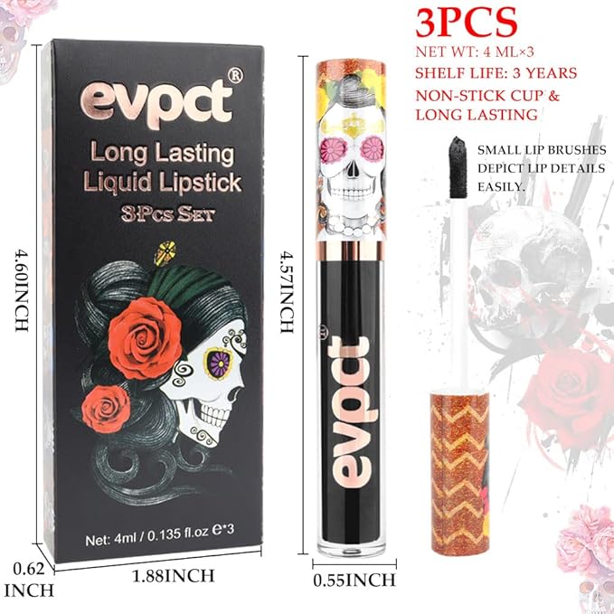 evpct 3Pcs Dark Blue Black Purple Matte Liquid Lipsticks Lip Gloss Stain Makeup Sets Smudge Proof, Skull Face 24 Hour Long Lasting Liquid Matte Lipstick Waterproof labial mate larga duracion 24