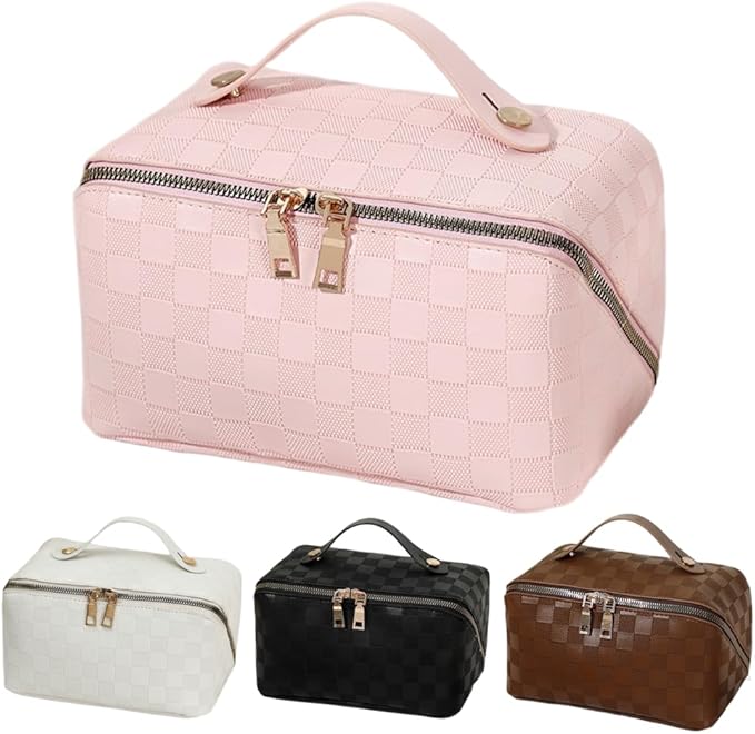 Large Capacity Makeup Bag Portable Travel Cosmetic Bag for Women Girls Gift Makeup Pouch Portable Zipper Bag (Pink Checkered - upgrade)