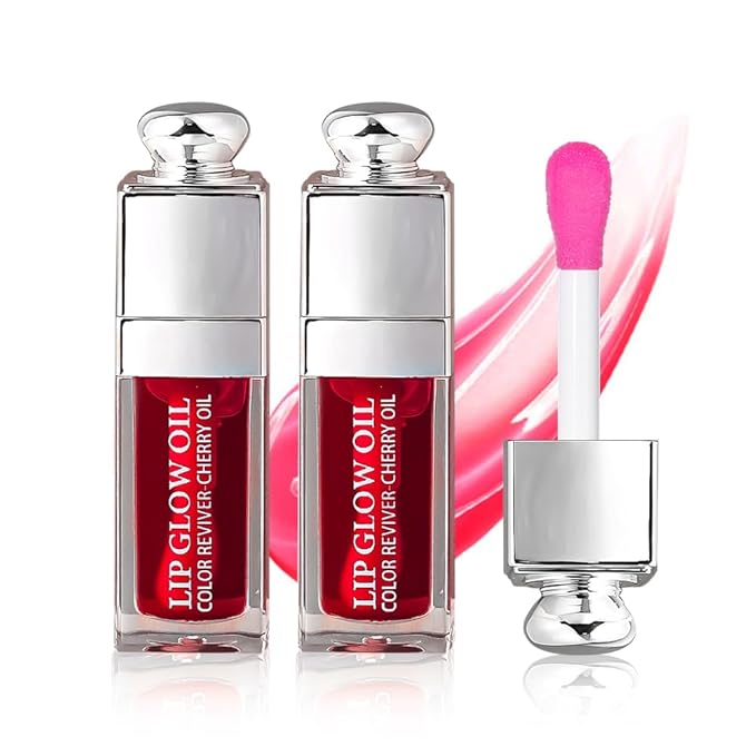 GECOMO 2PCS Hydrating Lip Glow Oil, Lip Oil Gloss Transparent Toot Tinted Nourishing Long Lasting Repairing Lightening Lip Lines (CHERRY) 0.2 OZ