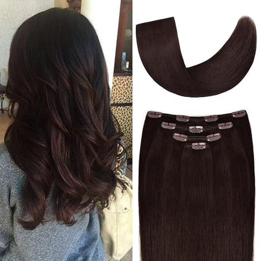20" Hair Extensions Clip in Human Hair for Women - Silky Straight Remy Real Long Human Hair Clip on 75grams 4pieces Dark Brown #2 Color