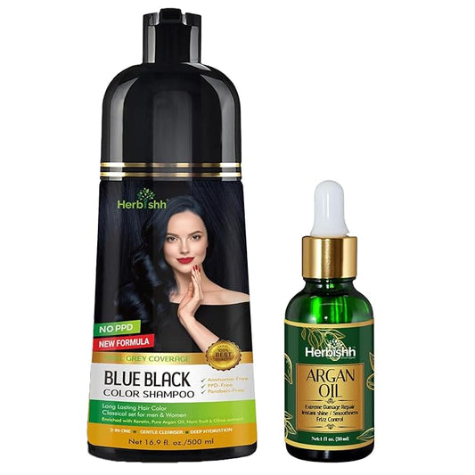 Herbishh Blue Black Hair Color Shampoo - 3-In-1 Magic Dye for Gray Hair 500 Ml + Argan Oil for Dull, Dry Damaged Hair 30ML