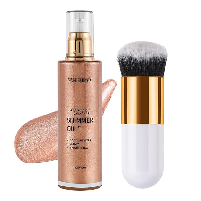 SAM SUGAR Shimmer Body Oil 3.38 Fl OZ Long Lasting Liquid Illuminator with Brush for Body Glow Illuminating Body Moisturizer 100ml Body & Face Highlighter for a Radiant Glow（04#）