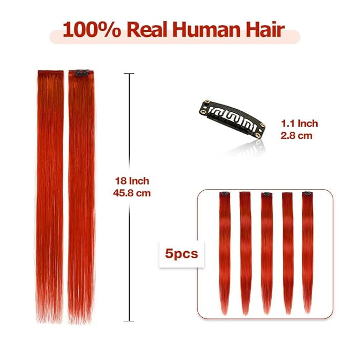 Winsky Orange-red Hair Extensions Girls Clip in Human Hair - 100% Straight Party Highlights Clip on Colored Hair Extensions 5 Pieces/Set (18inch,Orange-red)