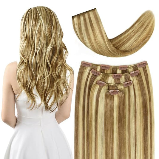 12" Clip in Hair Extensions Remy Human Hair for Women - Silky Straight Human Hair Clip in Extensions 50grams 4pieces #12-613 Color