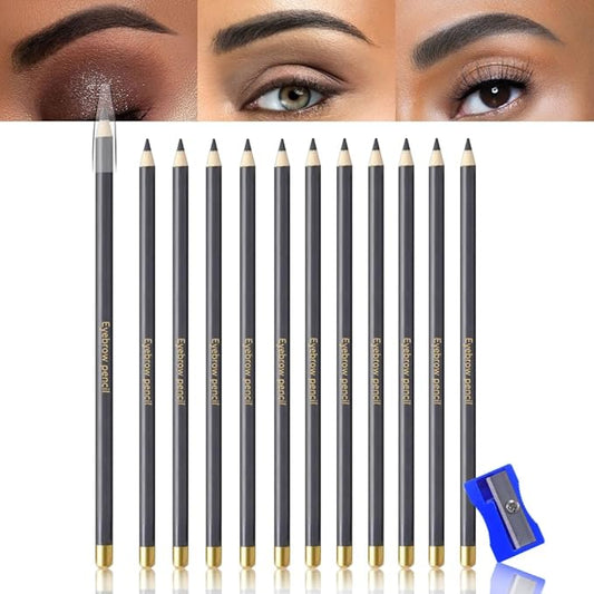 12Pcs Long Eyebrow Pencils Set - Gray Natural Look, for Eyebrows & Eyeliner, Waterproof & Sweat-Proof Wooden Hard-Core Brow Pencil with Sharpener, Long Lasting Makeup Kit for Beginners 101#