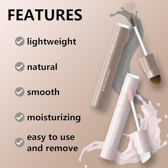 2Pcs Cool Toned Liquid Contour and Highlighter Stick, Blendable Lightweight Cold Grey Bronzer Contouring Smooth Brightening Illuminator Face Shaping Makeup Kit, Long-Lasting and Matte Finish