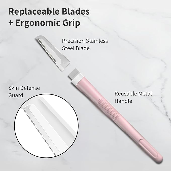 Dermaplane Razor for Women Face, Precision Face Razors for Women, Dermaplaning Tool, Gentle Exfoliation, Facial Hair Removal and Perfectly Shape Brows, Reusable Metal Handle with 4 Microblades, Pink