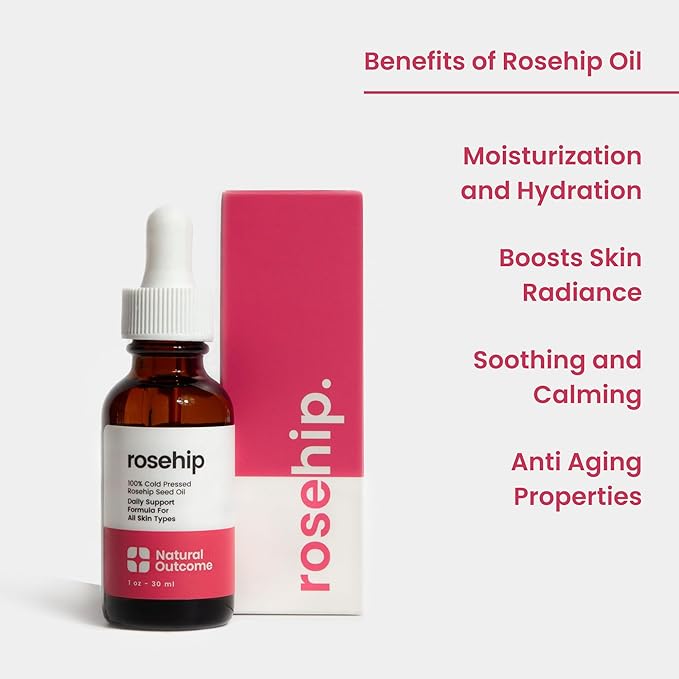 natural outcome Rosehip Oil 100% Pure Cold-Pressed Rosehip Seed Face Oil - Anti-Aging Facial Oil to Plump, Balance & Hydrate 1 oz