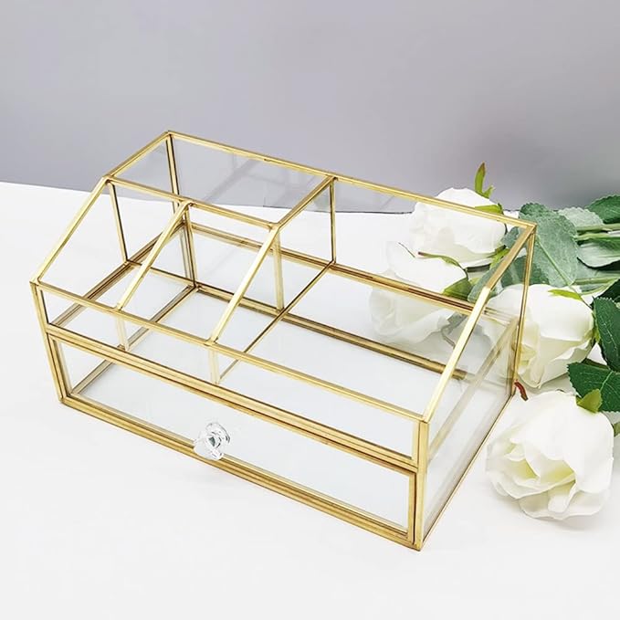 Glass Makeup Brush Holder, Makeup Brush Organizer Jewelry Display Box, Nordic Style Elegant Glass Makeup Organizer Nail Polish Lipsticks Eyeliners Holder for Vanity Bathroom Bedroom Office