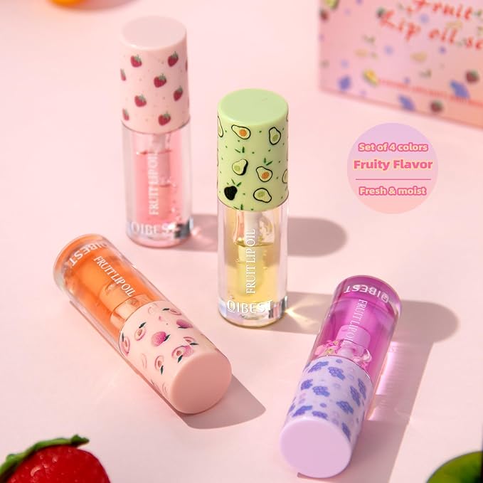 Fruit-Flavored Plumping Lip Oil Set 4 Packs Moisturizing Lip Glow Oil Long Lasting Nourishing Lip Gloss Set No-Sticky Gloss Lip Balm Lip Care