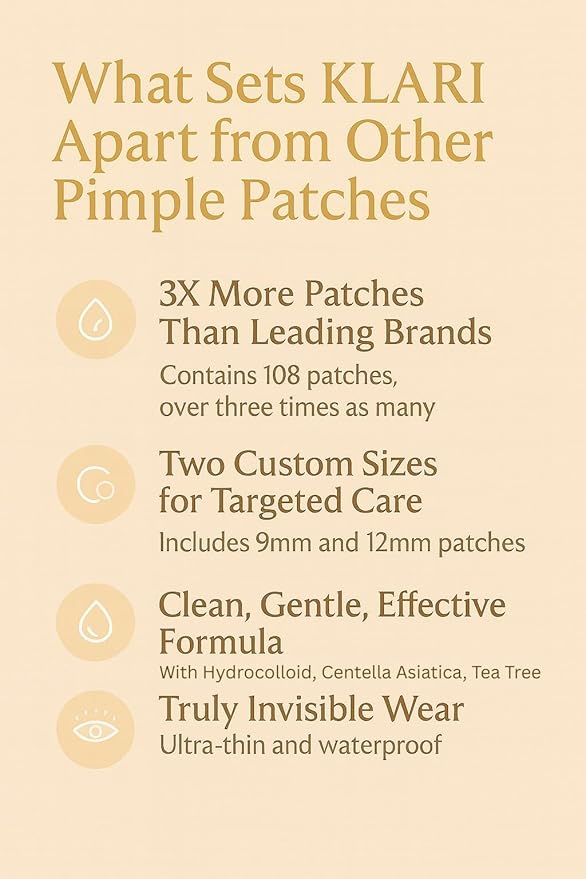 KLARI Invisible Pimple Patches – 108 Hydrocolloid Dots for Face • Overnight Spot Cover • Thin & Waterproof • Two Sizes (9mm & 12mm) • Fragrance-Free