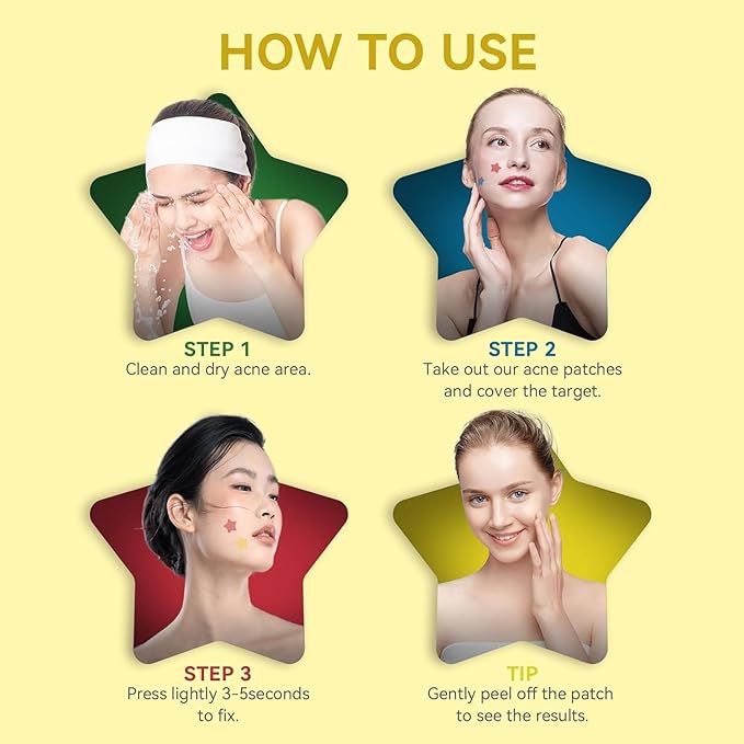 Star Pimple Patches for Face - 6 Colors 66Pcs (14mm) Hydrocolloid Spot Dots, Day & Night Blemish/Zit Healing Pimple Patches
