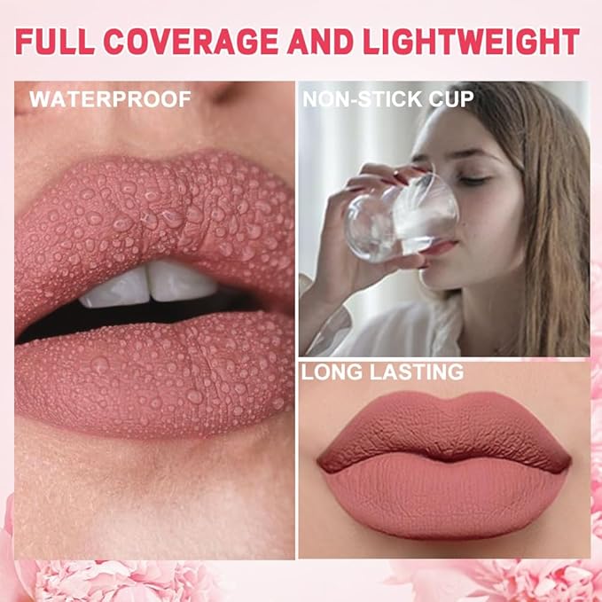 evpct 1Pcs Nude Pink Matte Liquid Lipstick Lip Stain Sets for Women, Peony Flower Brown Red Matte+Lipstick Long Lasting Permanent 24 hr Hours Magic Lipstick 24 Hours original Waterproof, 03#