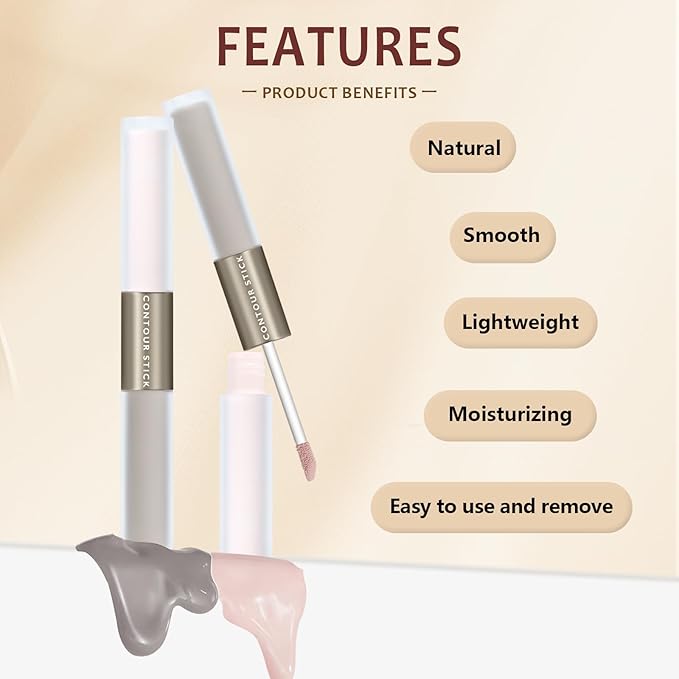 Liquid Cool Toned Contour and Highlighter Stick, Dual-Ended 2 in 1 Blendable Lightweight Grey Contouring Smooth Brightening Illuminator for Fair Pale Light Olive Skin, Matte Natural Finish01