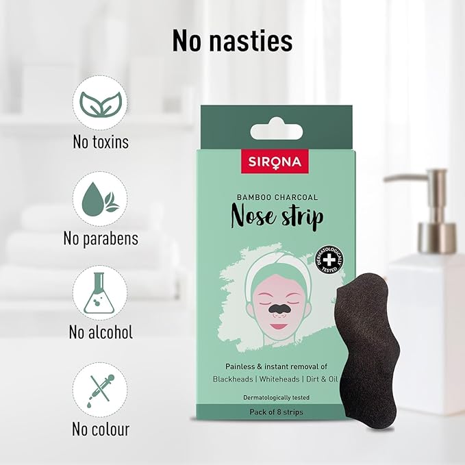 Sirona Blackhead Remover Bamboo Charcoal Nose Strips for Women – Pack of 8 | Painless & Instant Removal of Whiteheads, Blackheads, Pore Cleanser, Dirt & Oil