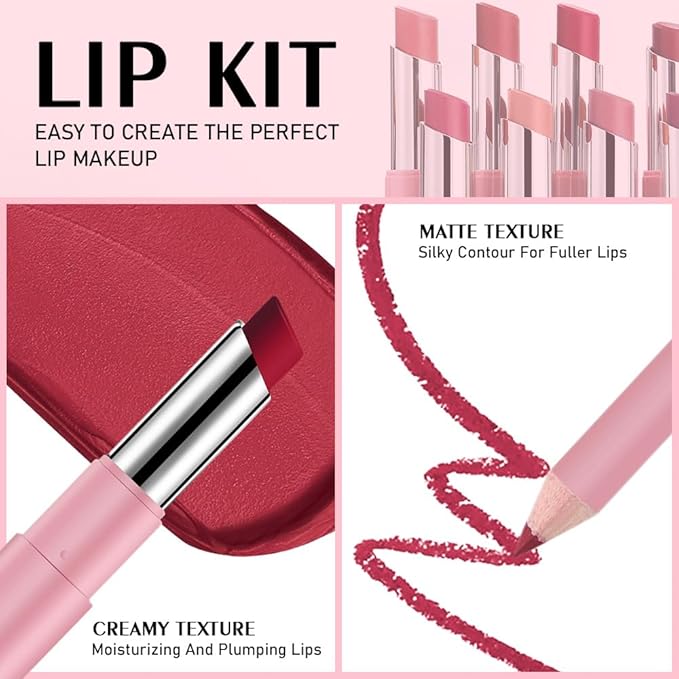 2-in-1 Wine Red Matte Lip Liner & Lipstick Combo Set,Lips Kit with Lip Liner Lip Stains Long Lasting Waterproof Smudge Proof for Older Women 24 Hours Lipliners Pencil Lipstick Makeup Gift Kit,Vegan