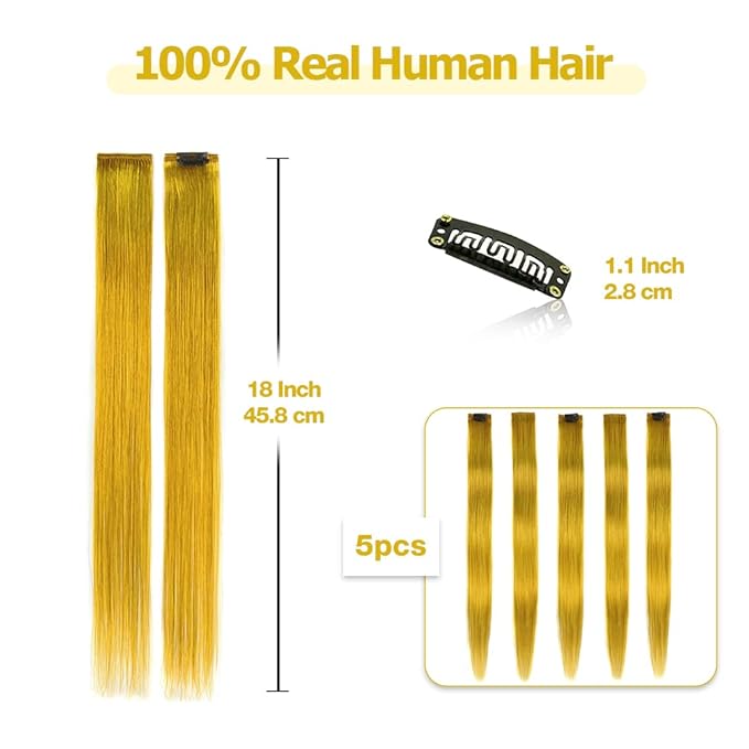 Winsky Colored Hair Extensions Real Human Hair - Clip in Party Highlights Halloween Hair Piece 5 Pieces/Set (18inch,Yellow)