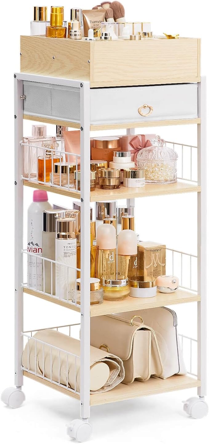Makeup Storage Organizer for Bedroom: Make Up Holder with Drawer - Vanity Organization for Skincare Cosmetic Brush Beauty Accessories