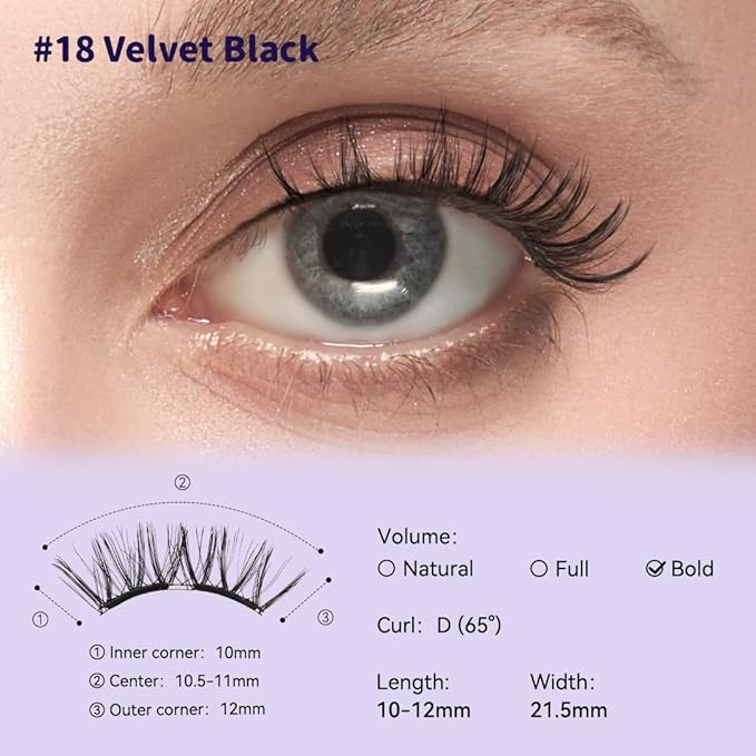 Soft Magnetic Eyelashes Kit with Applicator, No.18 Velvet Black BearisBug, Reusable Glue-free Wispy Magnetic Lashes, Cruelty-free False Lashes, Waterproof, Lightweight, Suit for Heavy Makeup