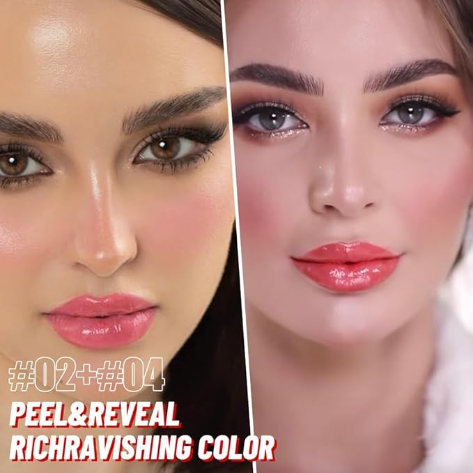 2Pcs Peel off Lip Stain Lip Oil Dual Ended Combo Set with Tweezer, 2 in 1 Baby Pink & Vivid Coral Lips Liner Stain Oil Long Lasting Waterproof, High Pigmented Flawless Lips Tint Stick Not Faded