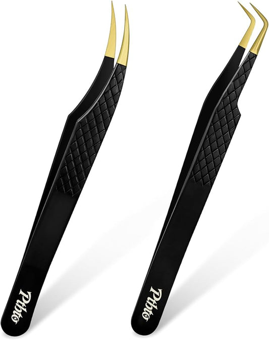 2 Pack Eyelash Extension Tweezers, Professional Pointed & Slanted Tweezers for Eyelash Lifting, Lash Extension Application, False Eyelashes, Made of Premium Surgical Stainless Steel (Black)