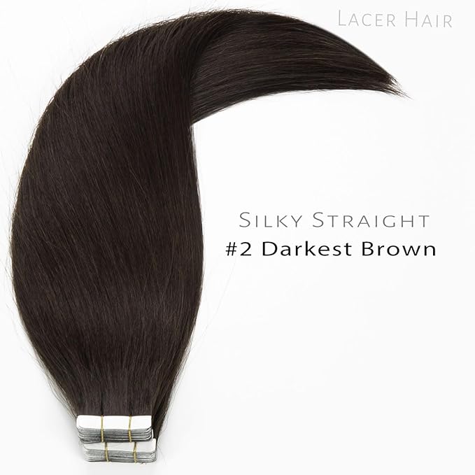 Lacer 18 Inch Human Hair Extensions Tape in Natural Black PU Skin Weft Real Virgin Human Hair Tape in Extensions Darkest Brown Double Side 50g 20pcs/set