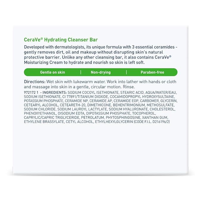 CeraVe Hydrating Cleanser Bar, Soap-Free Body and Facial Cleanser with 5% Cerave Moisturizing Cream, Fragrance-Free, 2-Pack, 4.5 Ounce Each