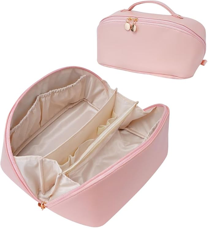 Large Capacity Cosmetic Bag for Women, Waterproof PU Leather Makeup Bag for Travel,Toiletry Bag Make up Organizer with Divider and Handle (Pink)