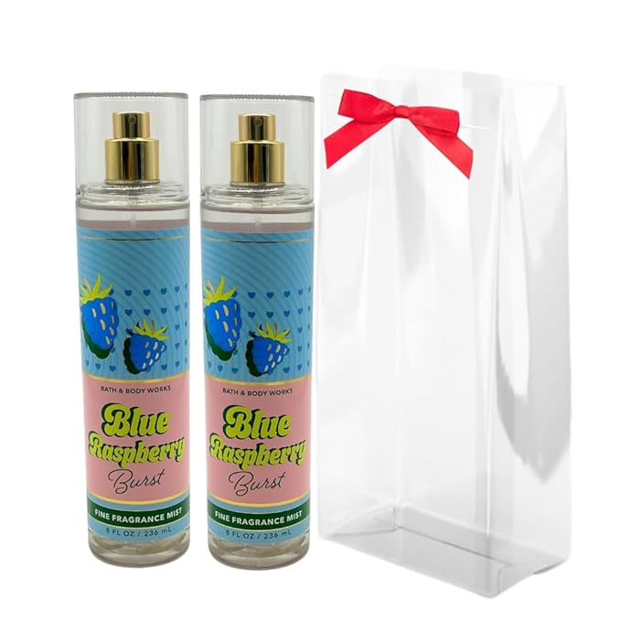 Bath & Body Works BLUE RASPBERRY BURST Fine Fragrance Mist Gift Set with a Red Bow for Holidays 8 fl oz - Pack of 2