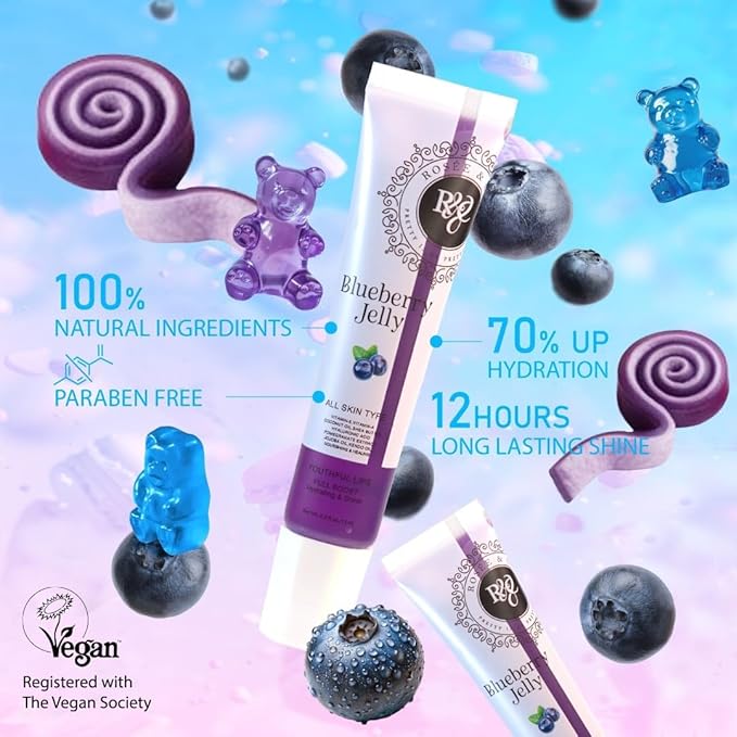 Rosee Lip Gloss Vegan & Cruelty Free Treatment, Professional Make up, Long Lasting Glossy with Shea Butter, Moisturize, Protect & Smooth, High Shine, Non-Sticky (l. Blueberry Jelly, 0.5)