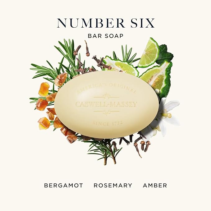 Caswell-Massey Men’s Bar Soap Gift Set - Number Six Scent - Triple-Milled Moisturizing Body Soap Bars for All Skin Types, Plant-Based Formula with Essential Oils, Made in USA, 3 x 5.8 oz