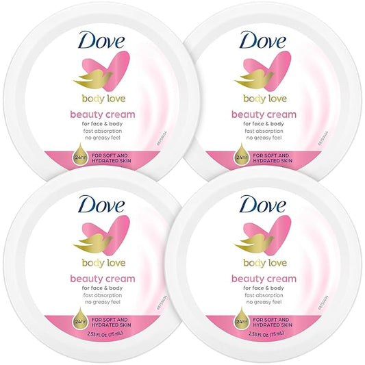 Dove Lotion, Beauty Cream - Light, Fast-Absorbing Face and Body Cream for Normal to Dry Skin, 24-Hour Moisture, Luxuriously Scented Face Cream, Hand & Body Lotion, Travel Size, 2.53 Fl Oz (Pack of 4)