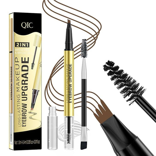 QIC Eyebrow 4 Tip Brow Pencil,Microblading Eyebrow Pencil, 2-in-1 Eyebrow Pen and Sealing Brow Gel,Waterproof Long-lasting Magic Eyebrow Pencil for Natural Makeup(Dark brown)