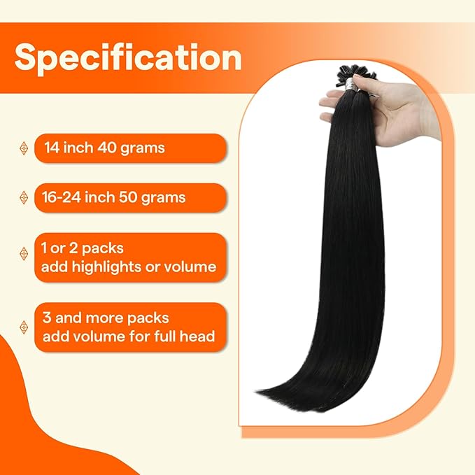 Full Shine U Tip Hair Extensions Human Hair 14 Inch 40 Grams Natural Black Human Hair Keratin Tip Hair Extensions Real Human Hair Prebonded Fusion Extensionsm add Volume