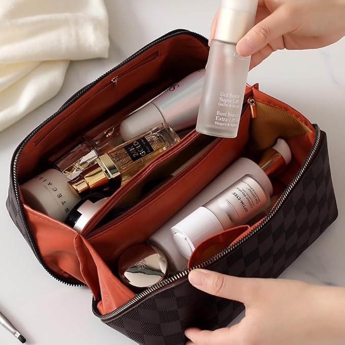 Large Capacity Makeup Bag Portable Travel Cosmetic Bag for Women Girls Gift Makeup Pouch Portable Zipper Bag (Black Checkered - upgrade)