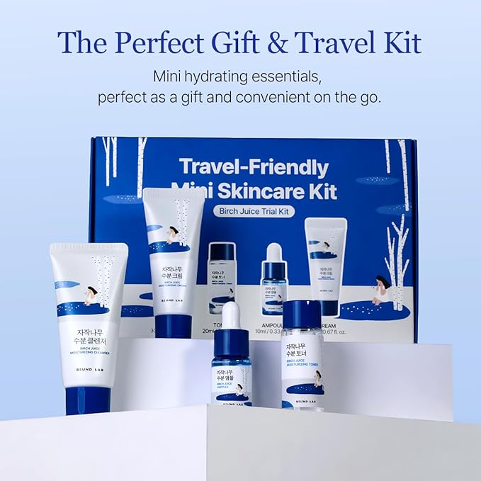 ROUND LAB Birch Juice Moisturizing Mini Kit, 4-Step Travel Size Skincare Set (Cleanser, Toner, Serum, Cream) | Korean Moisturizer, Hydrating Routine | For Acne-Prone, Sensitive Skin | Beauty Gift Set