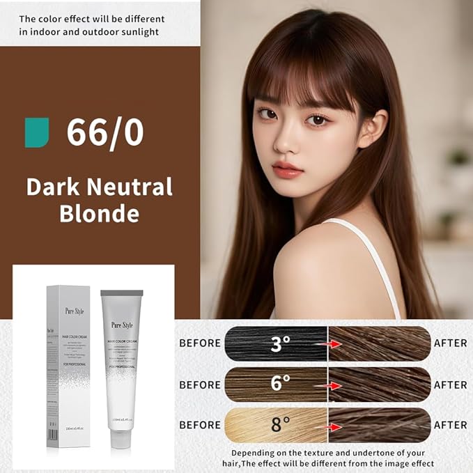 PureStyle 100ml Professional Permanent Hair Color Dye Cream Ammonia Free, Long Lasting Color, 100% Gray Coverage, Natural Shine, For All Hair Types Easy At Home Application (66/0 Dark Neutral Blonde)