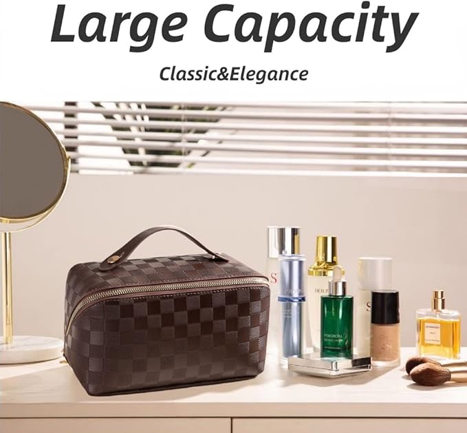 Large Capacity Checkered Makeup Bags Portable Travel Cosmetic Bags Open-Flat Toiletry Waterproof Bag for Women Gift Make up Organizer with Divider and Handle Pouch Zipper Bag (latte-checkered)