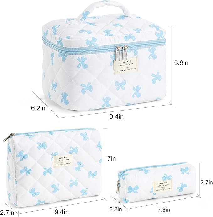 Makeup Bag for Women 3PCS Quilted Cotton Make Up Bag Travel Cosmetic Bag Large Makeup Bag Set Cute Blue Bow Makeups Organizer Floral Toiletry Pouch for Purse