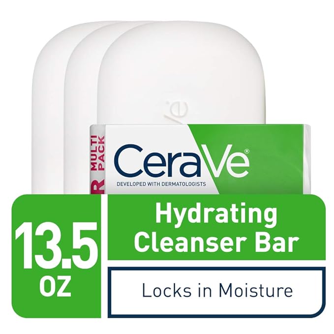 CeraVe Hydrating Cleanser Bar, Soap-Free Body and Facial Cleanser with 5% Moisturizing Cream, Fragrance-Free, 3-Pack, 4.5 Ounce Each