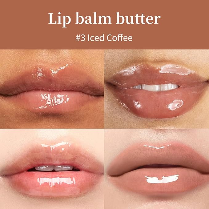 4 Flavors Lip Glossy Butter Balm Lip Tint Hydrating Lip Gloss Ultra-Hydrating & Nourishing Lip Care with Natural Ingredients (03# Iced Coffee)
