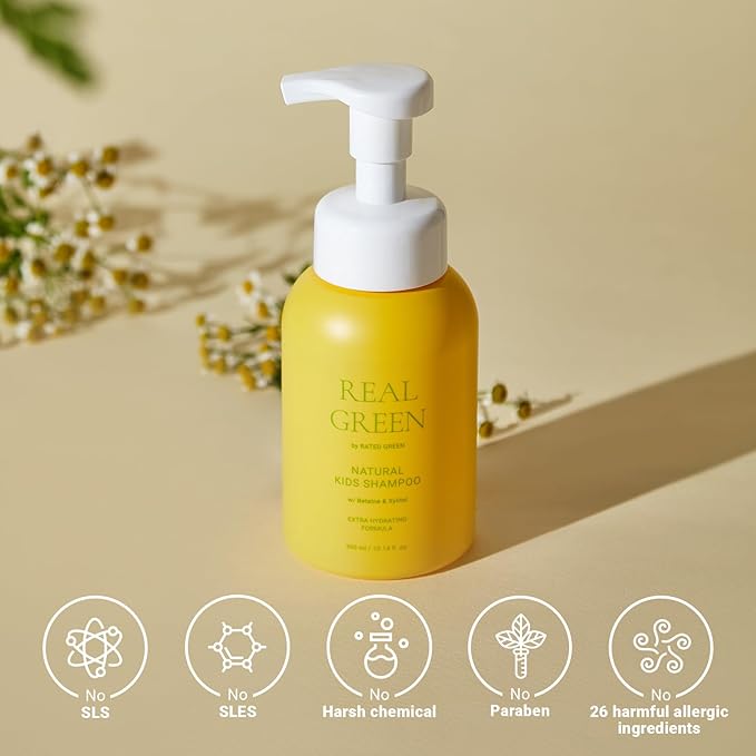 RATED GREEN Real Green Natural Kids Shampoo | Organic Cold Brewed Chamomile, Betaine & Xylitol | For Dry Kids Hair | Silicone-Free, Korean Hair Care | 10.14 Fl. Oz